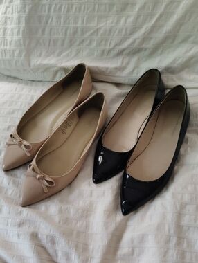 EUC women's flats lot: nude bow Land's End and black patent leather J. Crew 8.5